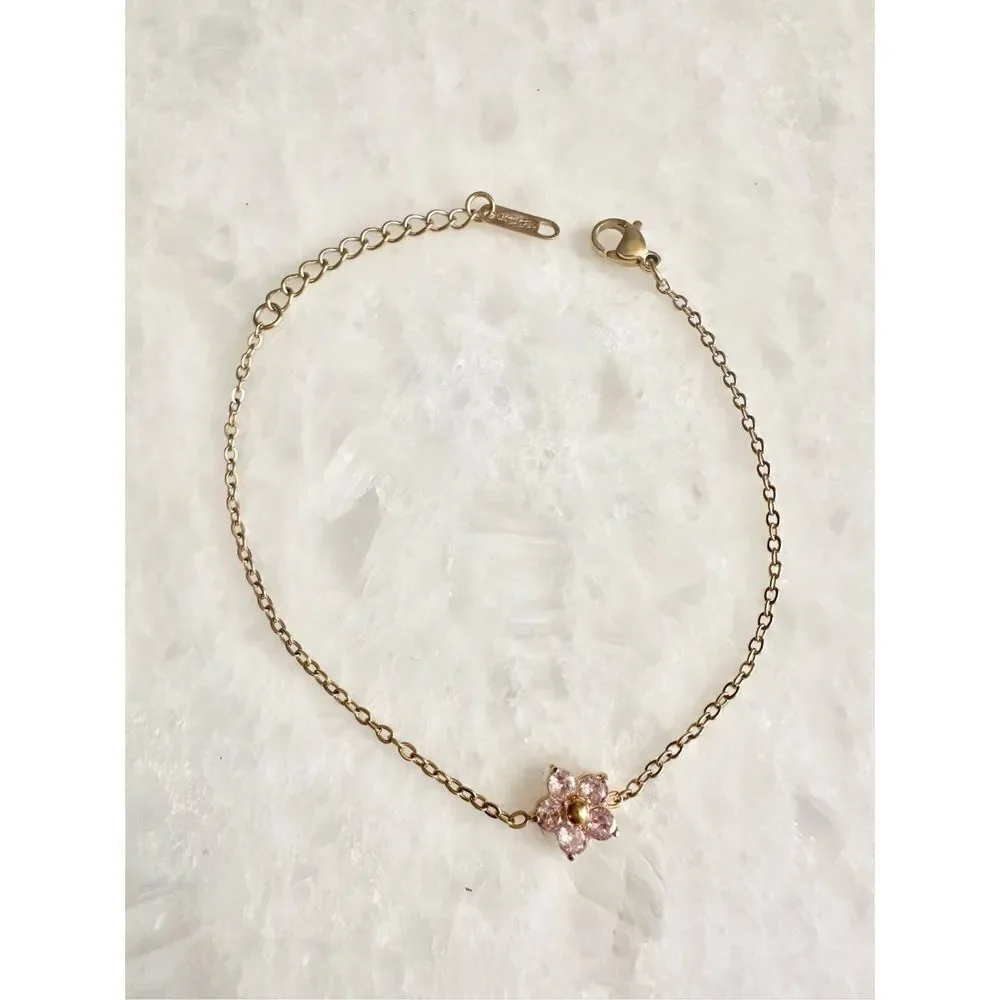 Delicate light pink cubic zirconia flower chain bracelet
